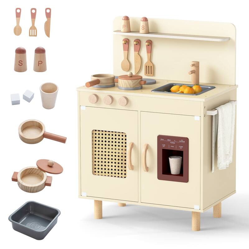 Gymax Play Kitchen w/Realistic Ice Maker Stove Accessories & Water - Yellow