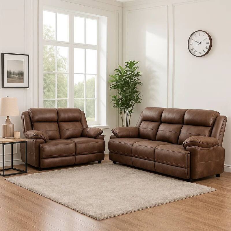 Ellen 2 Piece Sofa and Loveseat Set, Brown Faux Leather
