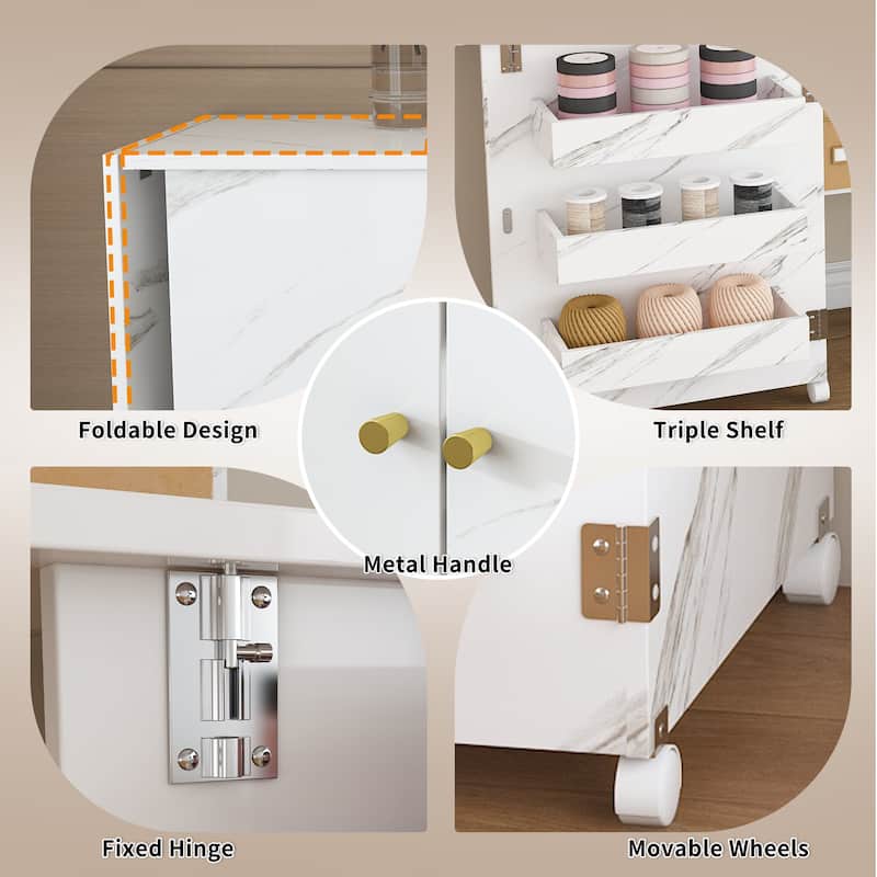 Foldable Sewing Table with Storage, 57.5" Craft Station with Locking Casters, Adjustable Cabinet & Shelves
