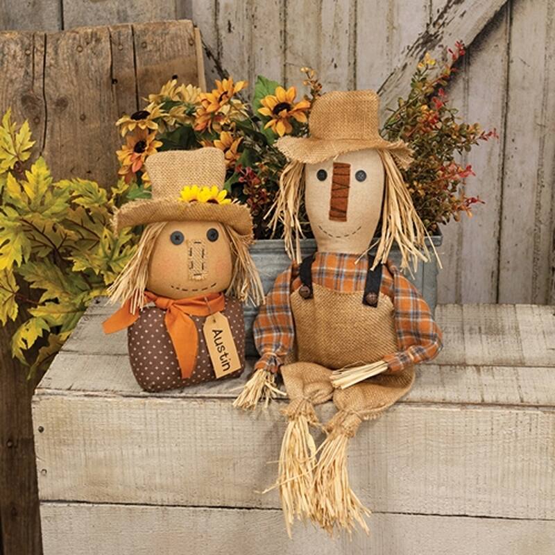 Rustic Stuffed Scarecrow Sitter with Hat and Scarf Fall Decor - 5" x 2.50" x 10.50"