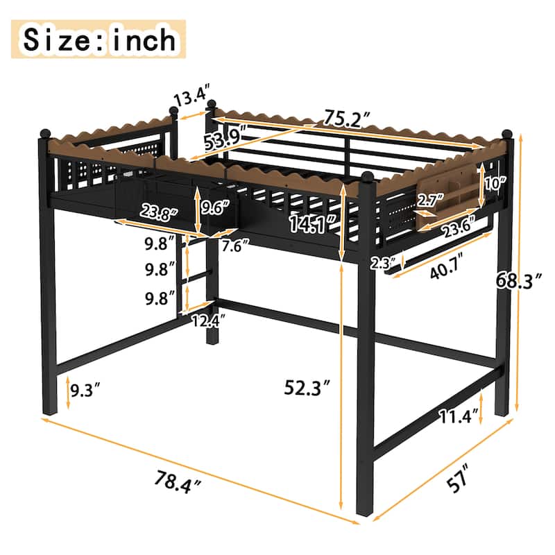 Modern Metal Loft Bed with Shelves & Bookshelf, Ladder Entry, No Box Spring Needed, Multi-Size
