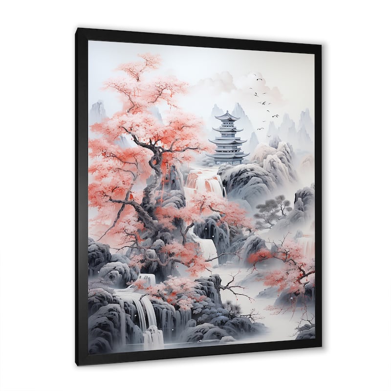 Designart "Minimalism Asian Pink Landscape" Asian Art Framed Wall Art Living Room