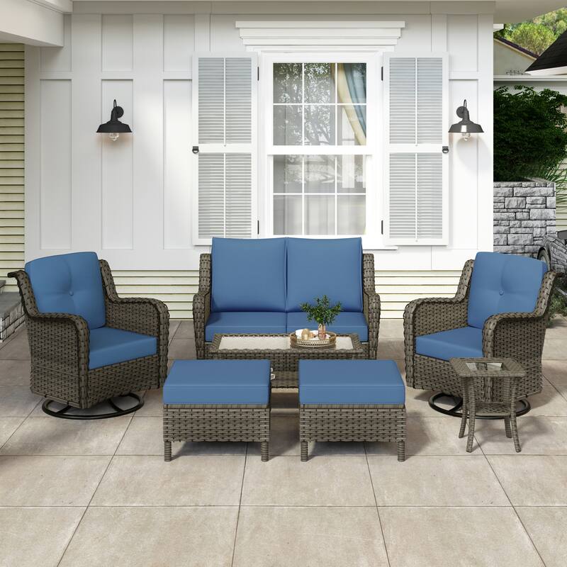 Outdoor 8-Piece Rattan Wicker Patio Furniture Sectional Sofa Set - Brown Frame - Blue&Brown