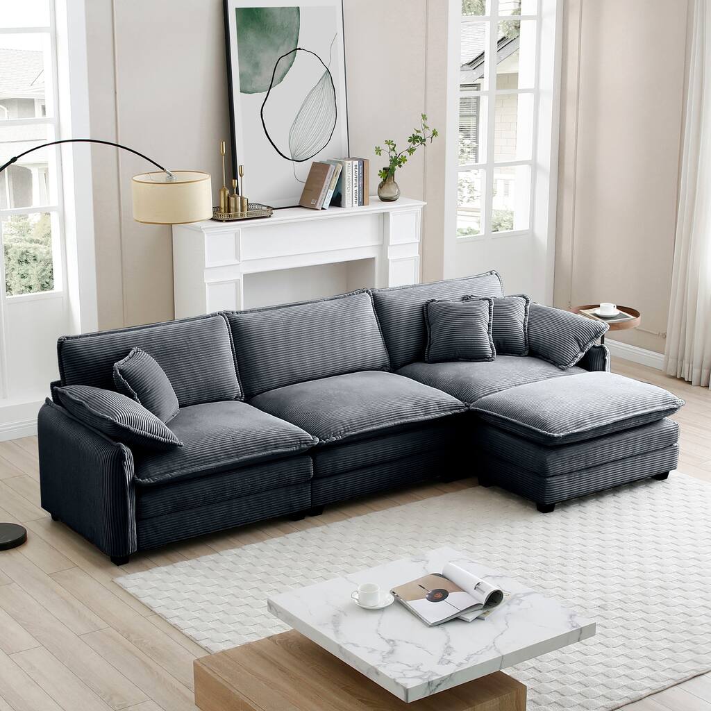 Grey 4-Piece Corduroy L-Shaped Modular Sectional Sofa, Removable Ottoman & 5 Pillows