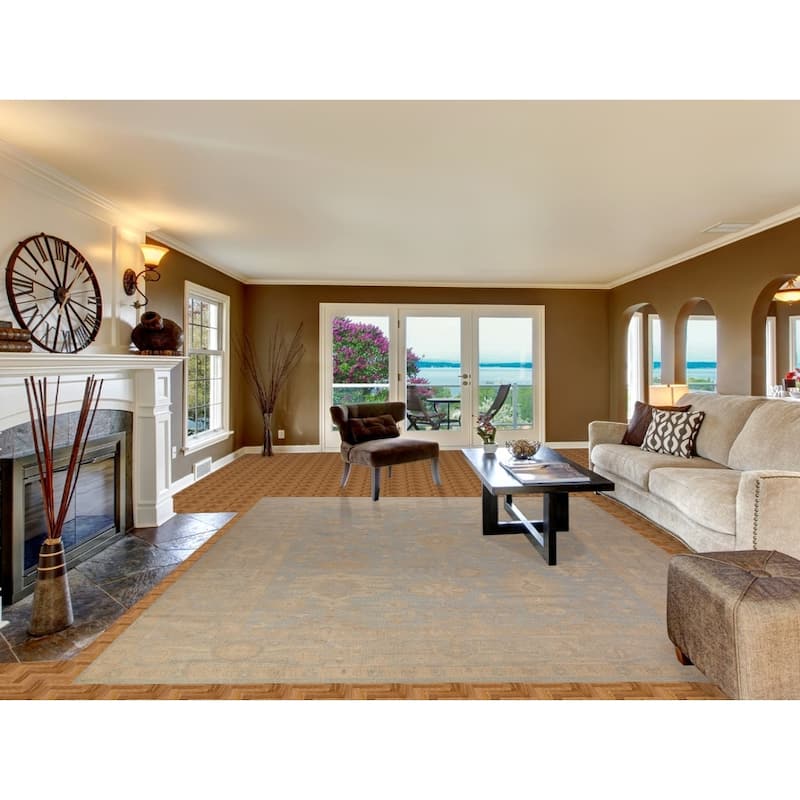 Vegetable Dye Oushak Turkish Area Rug Handmade Blue Wool Carpet - 8'11" x 11'11"