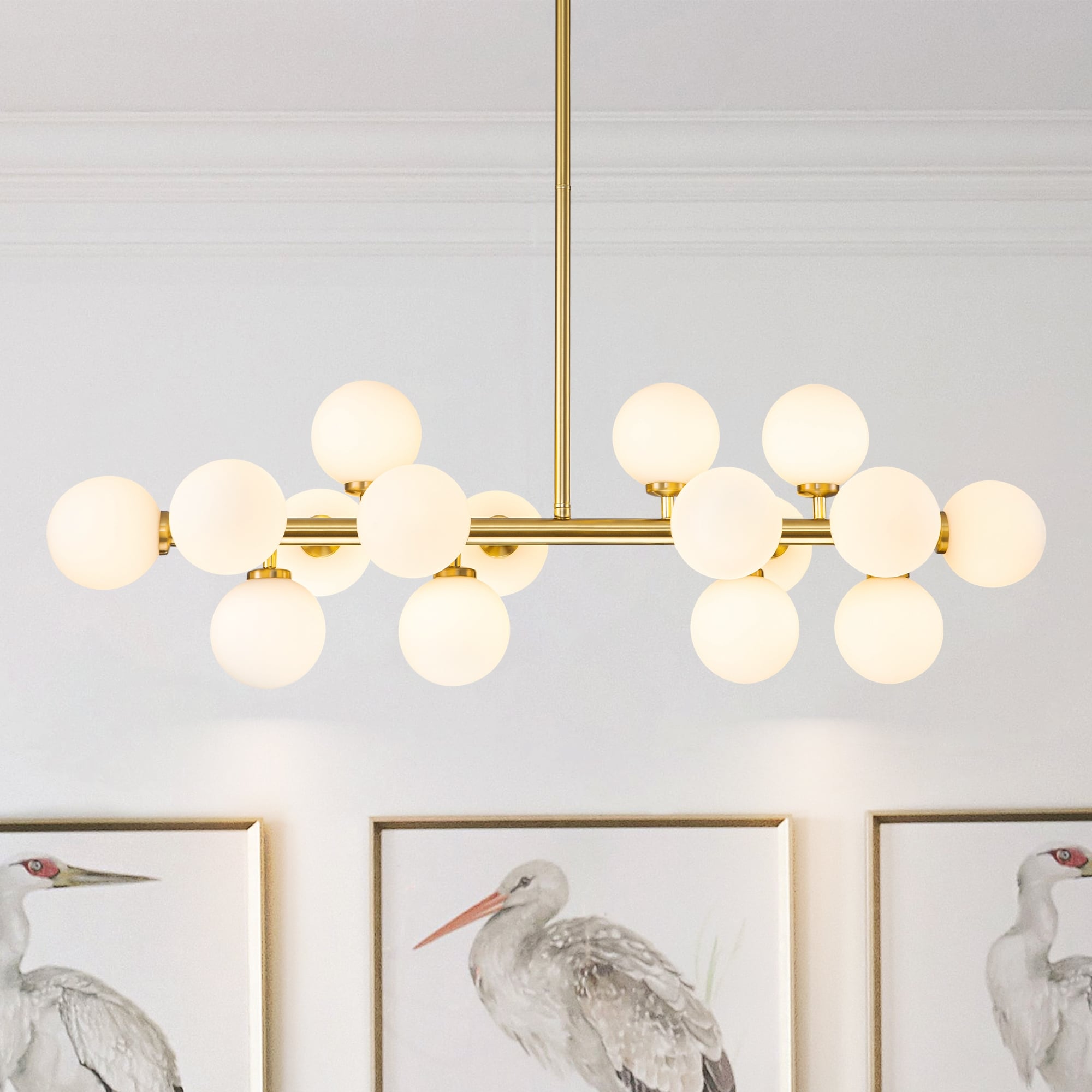 Rennnsan 16-Light Modern Sputnik Linear Frosted Opaque Glass Globe Bubble Chandelier for Dining Room - 35.4 in. W x 11.4 in. H