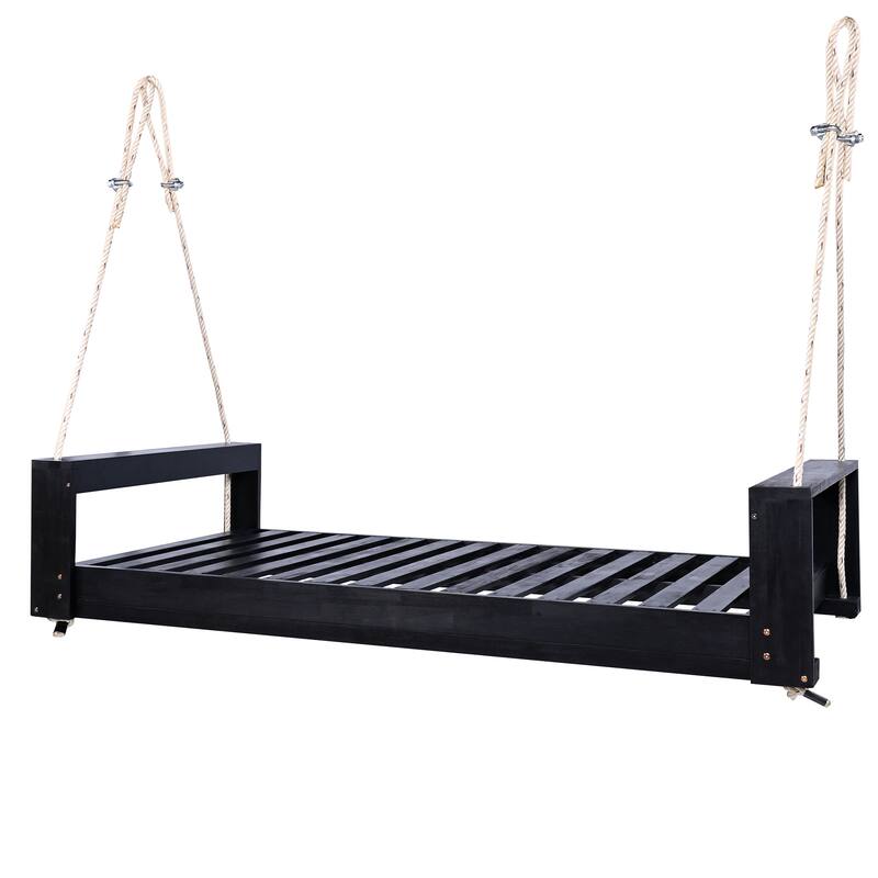 Twin Size Porch Swing Bed Seating Group, Patio Acacia Wood Swing Frame with Hemp Ropes for Garden, Backyard