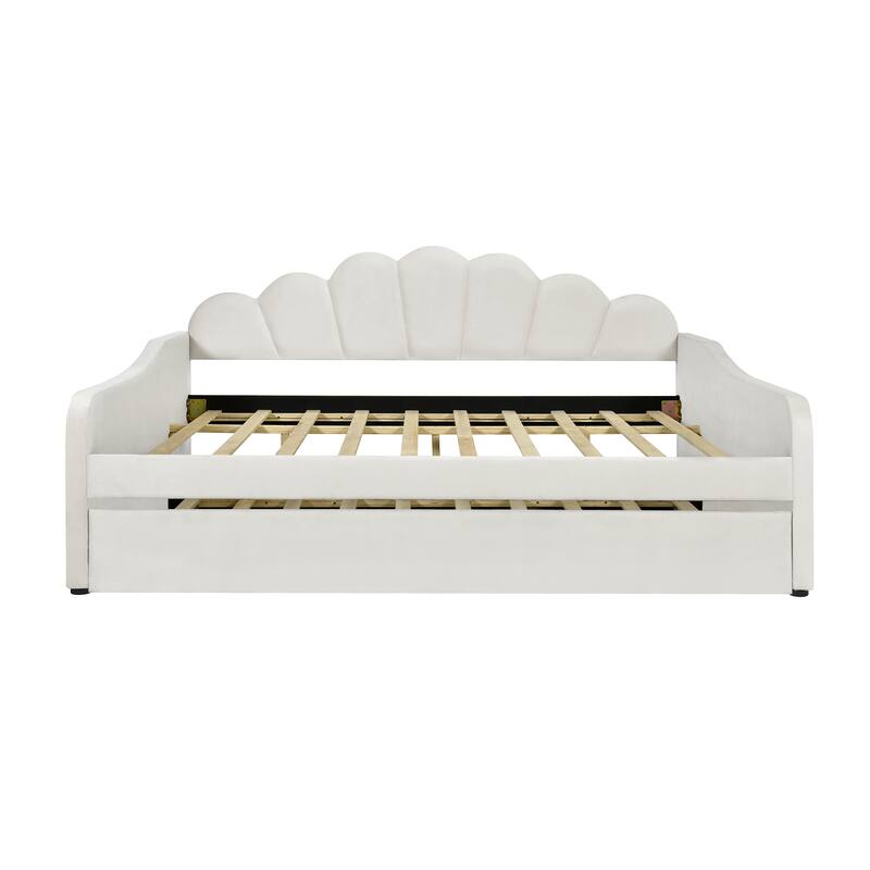 Full Size Velvet Upholstery Daybed Frame with Shall Shaped Backrest, Pull-out Trundle Bed with Wood Slat Support