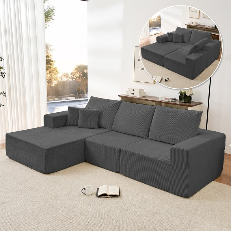 Mixoy W108"Corduroy Fabric Sectional Couch,3-Pieces Free-Combined Cloud Modular Modern L-Shaped Sofa with Chaise Lounge - Grey - Reversible