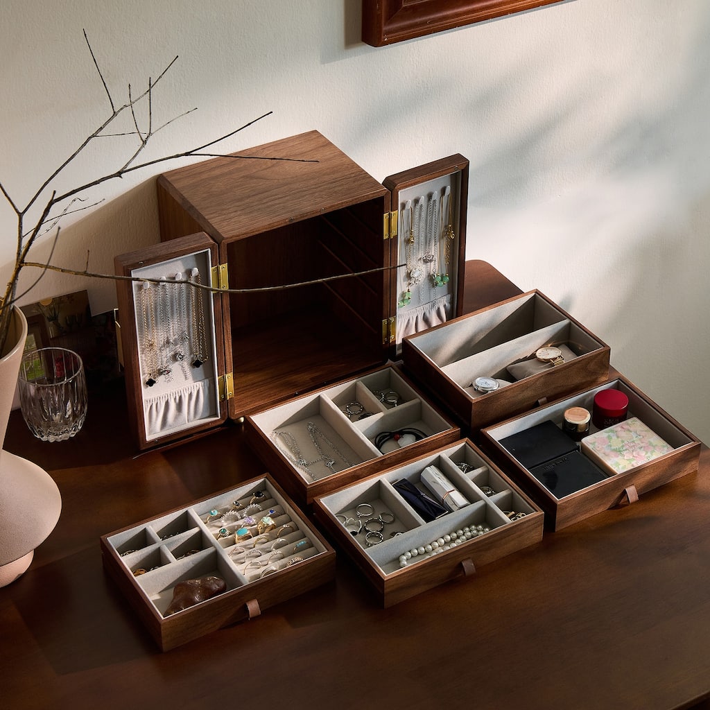 Handmade 5-Layer Jewelry Box – Black Walnut Wood with Velvet Interior, Magnetic Doors, Gold Handle – Elegant Storage - 9 in