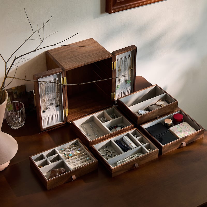 Handmade 5-Layer Jewelry Box – Black Walnut Wood with Velvet Interior, Magnetic Doors, Gold Handle – Elegant Storage - 9 in