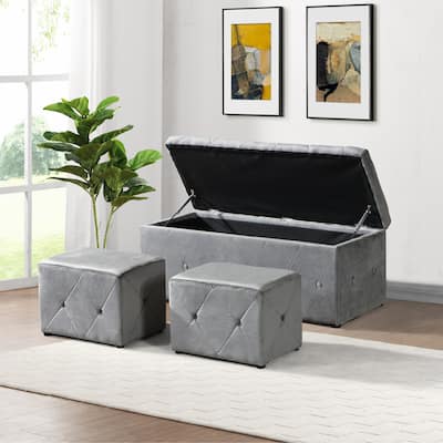 1 Piece Rectangular Storage Ottoman Short velvet with 2 Set Ottomans (Light )