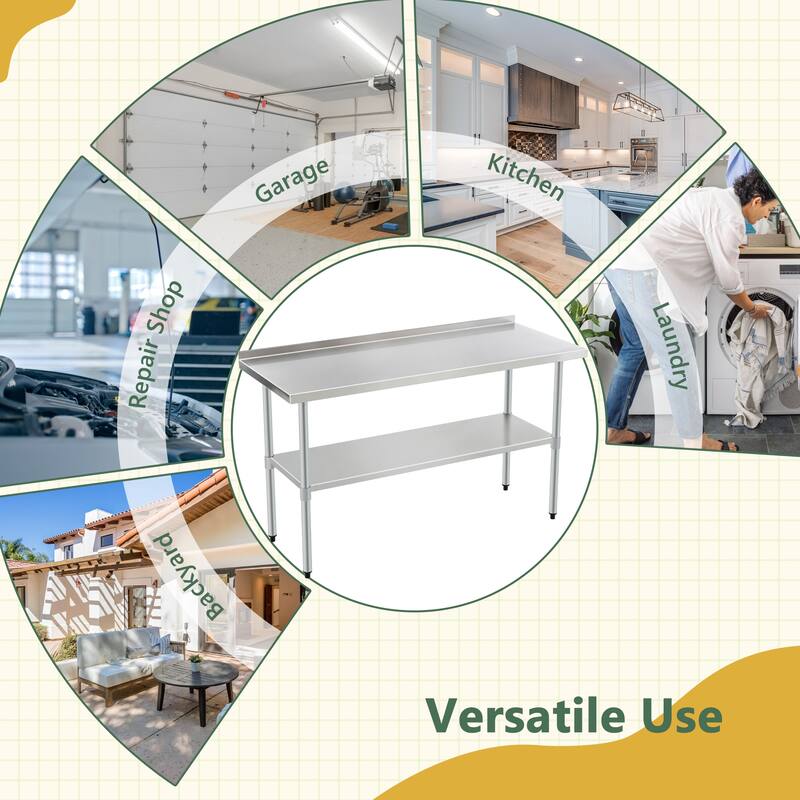Profeeshaw Stainless Steel Work Table with Backsplash & Adjustable Shelf for Commercial Use - 48"L x 30"W x 37"H