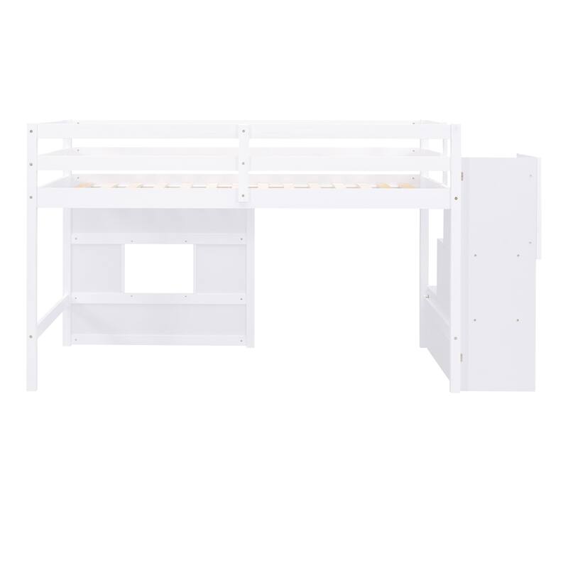 Twin Size Low Loft Bed with Storage Staircase and Window, Wooden Loft Bed Frame with Full Length Guardrail and Slat Support