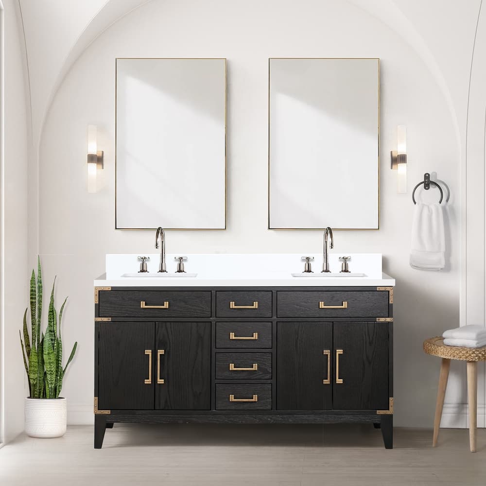 Laurel 60 in W x 22 in D Black Oak Double Bath Vanity, White Quartz Top, and 28 in Mirrors