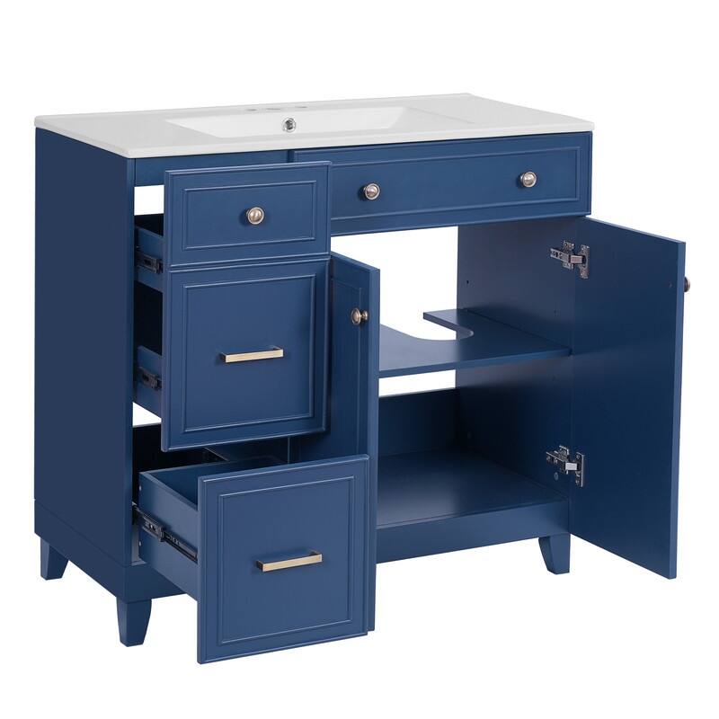 Transitional Style 36-inch Bathroom Vanity with Ceramic Sink, 2 Soft-Close Doors Freestanding Cabinet with 2 Drawers