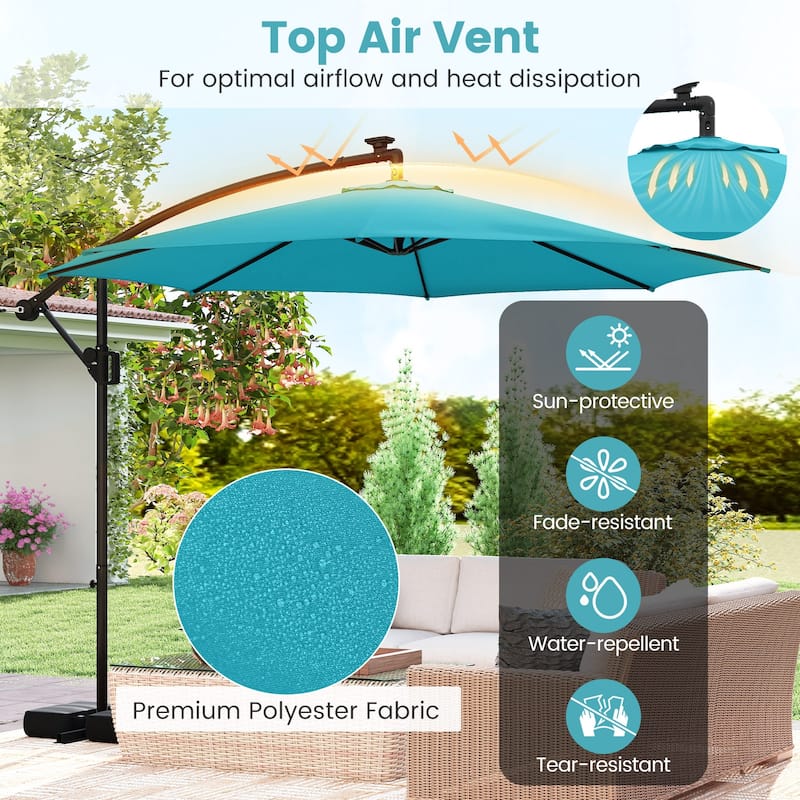 Costway 10 FT Solar Offset Hanging Umbrella with Base Patio Cantilever