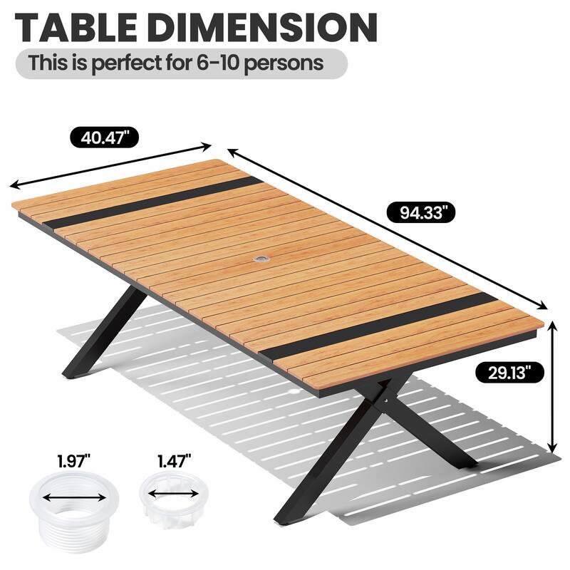 Outdoor Aluminum Dining Table Rectangular Table with Umbrella Hole for 10-12 Person