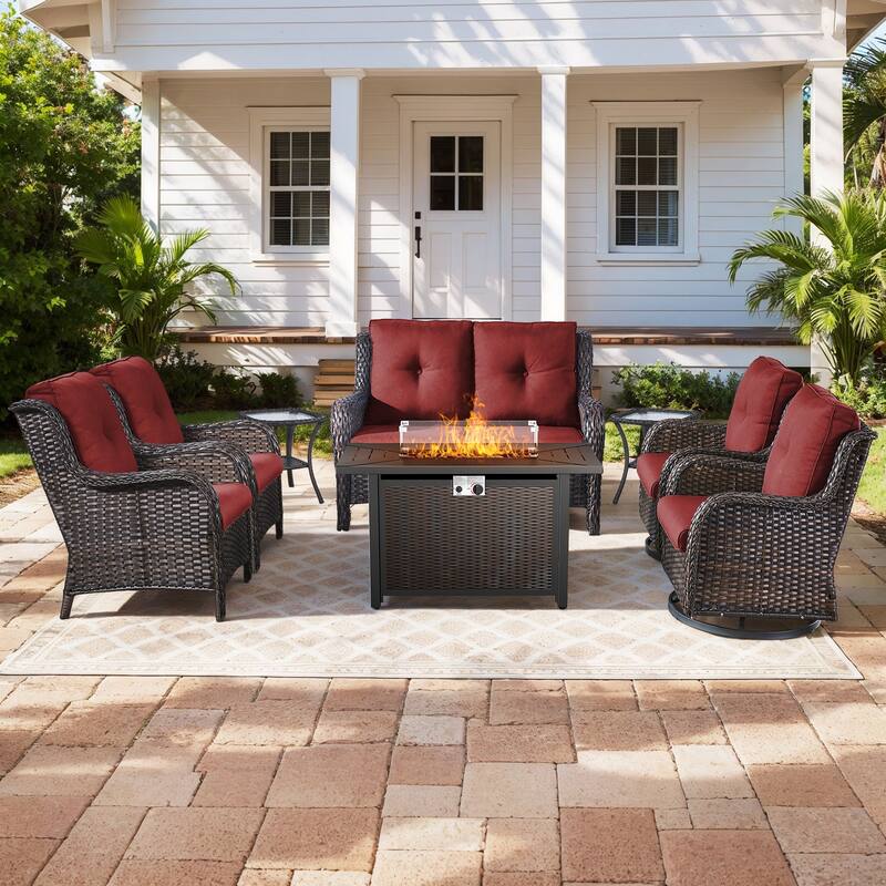 Gymojoy 8-Piece Outdoor Wicker Patio Furniture Set with Swivel Glider Rocker & 55,000 BTU CSA Propane Fire Pit - Brown Wicker / Red Cusion - 8-Piece