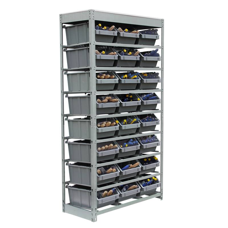 King's Rack Bin Rack Storage System Heavy Duty Steel Rack Organizer Shelving Unit w/ 24 Plastic Bins in 8 tiers.