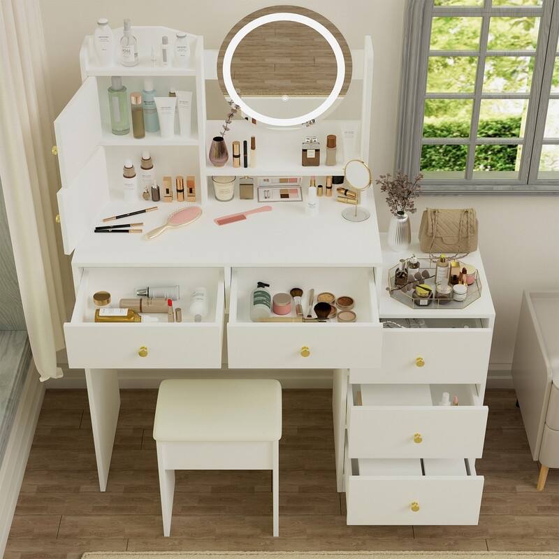 White LED Makeup Vanity Set with Mirror, Table & Cushioned Chair - 3 Adjustable Lighting Modes