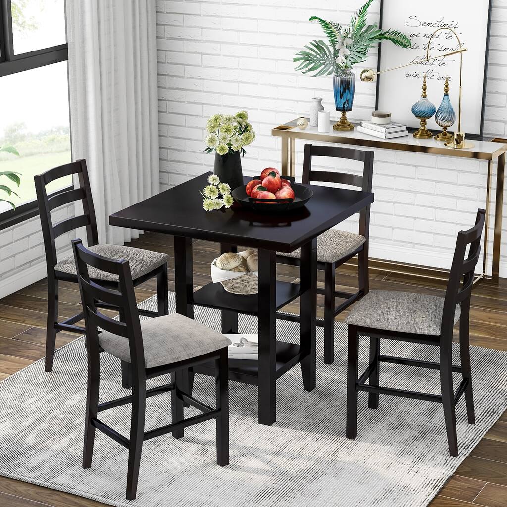 Nestfair 5-Piece Wooden Counter Height Dining Set with 2-Tier Storage Shelving and 4 Padded Chairs