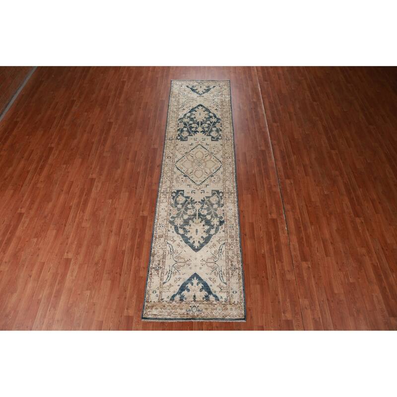 Hand Knotted Oriental 100% Wool Carpet Transitional All-Over Beige & Ivories Oushak Runner Rug - 11' 7'' X 2' 10''