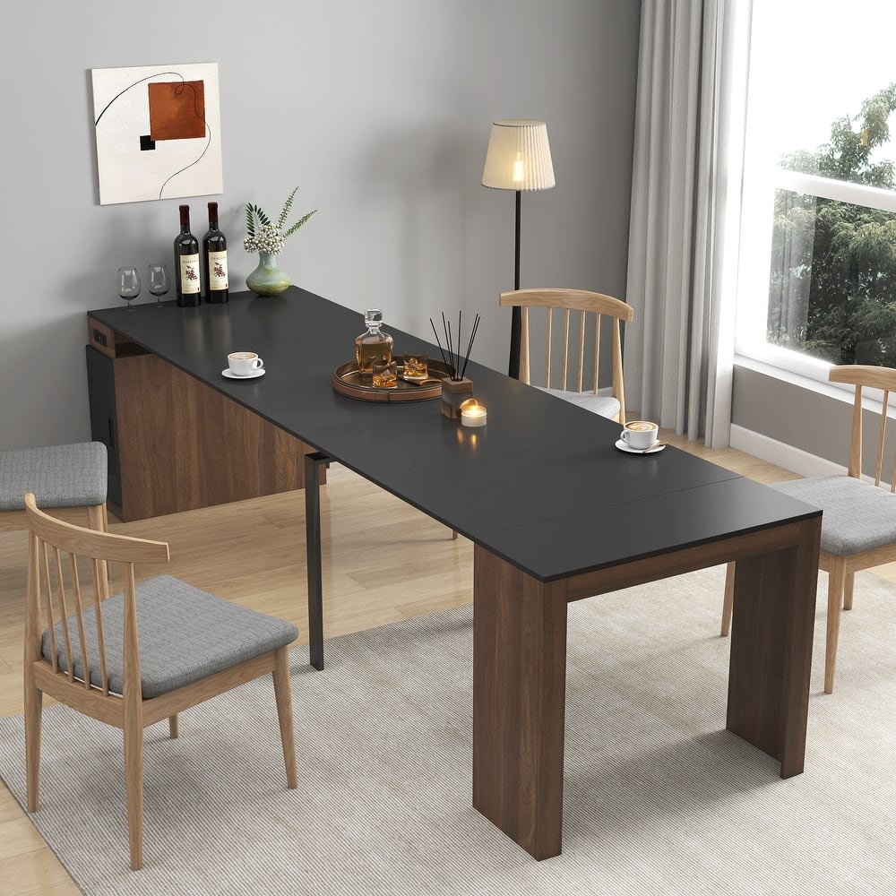 Modern Multifunctional Extendable Dining Table With Outlet,Space Saving Expanding Table With Storage