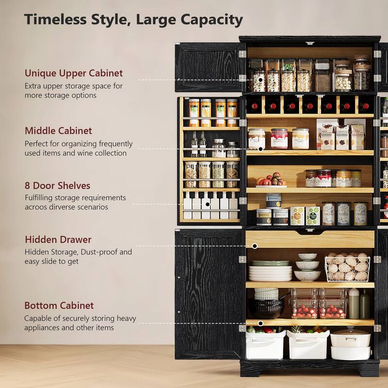 Roomfitters 78" Tall Farmhouse Kitchen Pantry Cabinet with 8 Door Shelves, Wine Rack & Hidden Drawer
