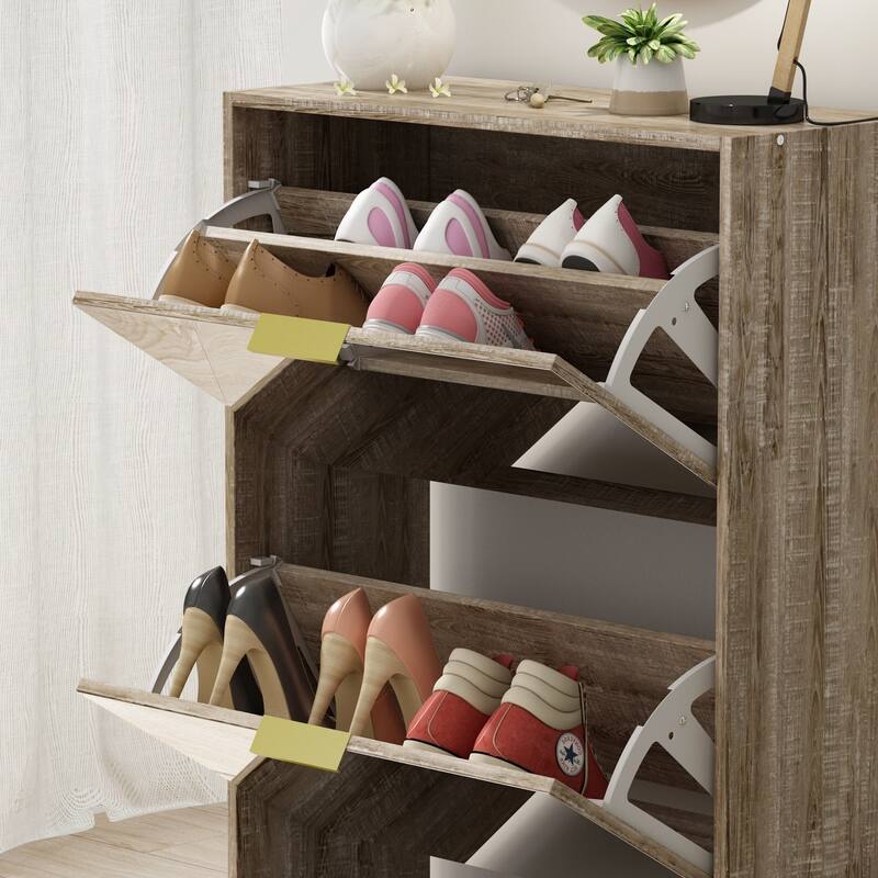 Timechee Shoe Cabinet with 3 Mirrored Flip Drawers, Free Standing Slim