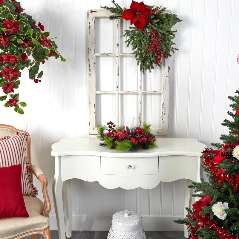 17.5" Red Berries Apples Pinecones Celabrum Glass Candleholder