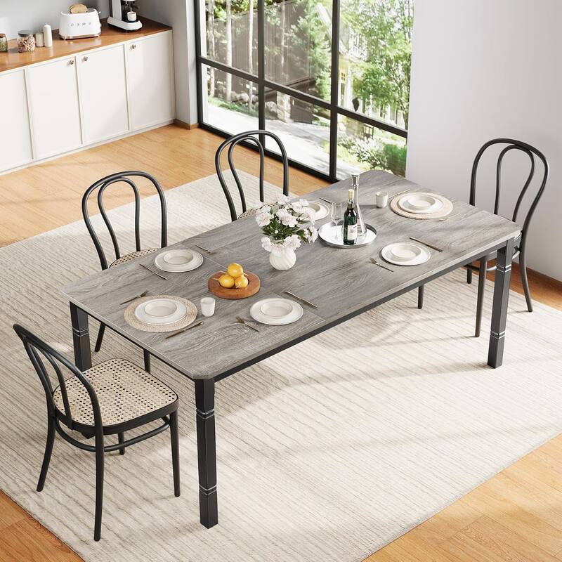 Farmhouse Dining Table for 6-8 People - Rustic Industrial Kitchen Table for Dining Room - Grey & Black