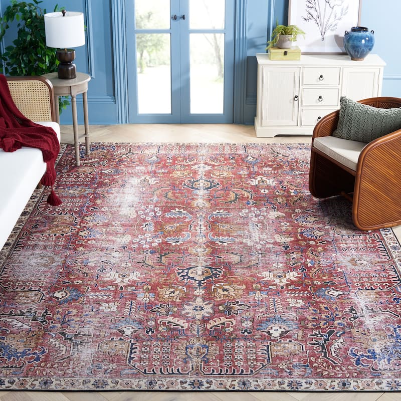 SAFAVIEH Tucson Machine Washable Slip Resistant Loula Oriental Distressed - 8' x 8' Square - Red/Beige - Square