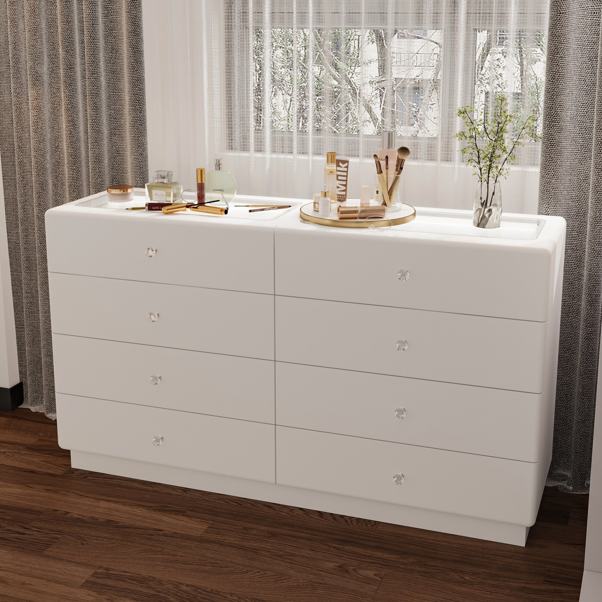 Elegant White 8 - drawer Dresser: Glass Top, Rounded Corners & Tri