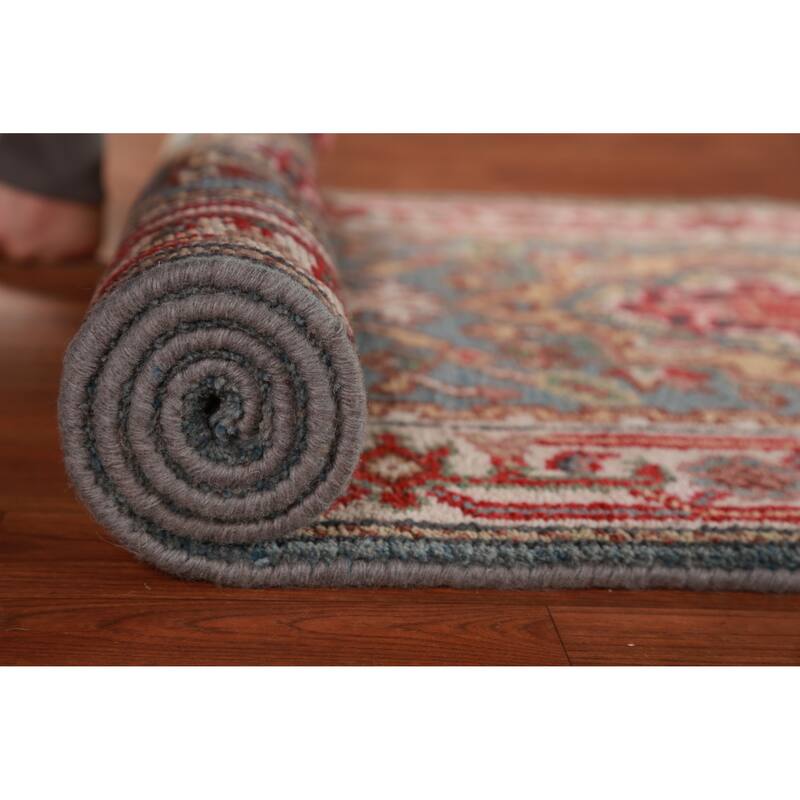 Light Blue Geometric Heriz Serapi Runner Rug Handmade Wool Carpet - 2'8"x 15'9"