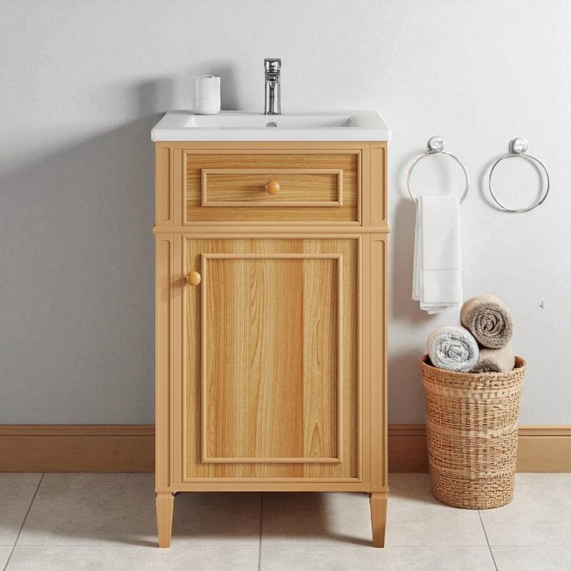 20-Inch Modern Bathroom Vanity with Ceramic Sink, Solid Wood Legs, Tilt-Out Drawer and Adjustable Storage Cabinet - Wood