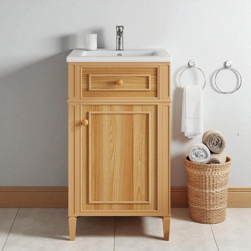 20-Inch Modern Bathroom Vanity with Ceramic Sink, Solid Wood Legs, Tilt-Out Drawer and Adjustable Storage Cabinet