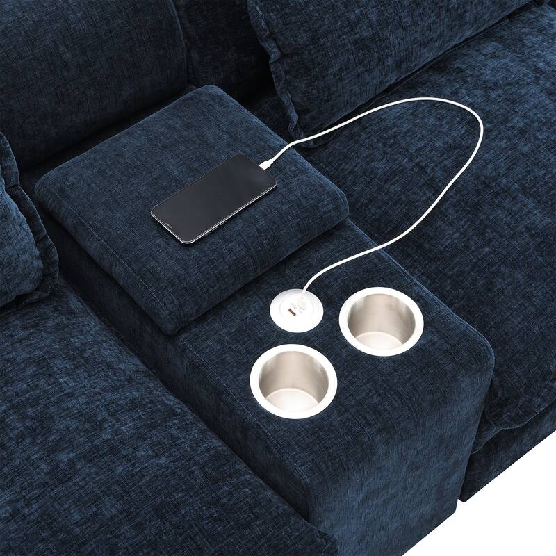 U-Shaped Sectional Sofa With Console,Cup Holders And Usb Charger,6 Seat Upholstered Symmetrical,Chenille Cloud Couch With Chaise