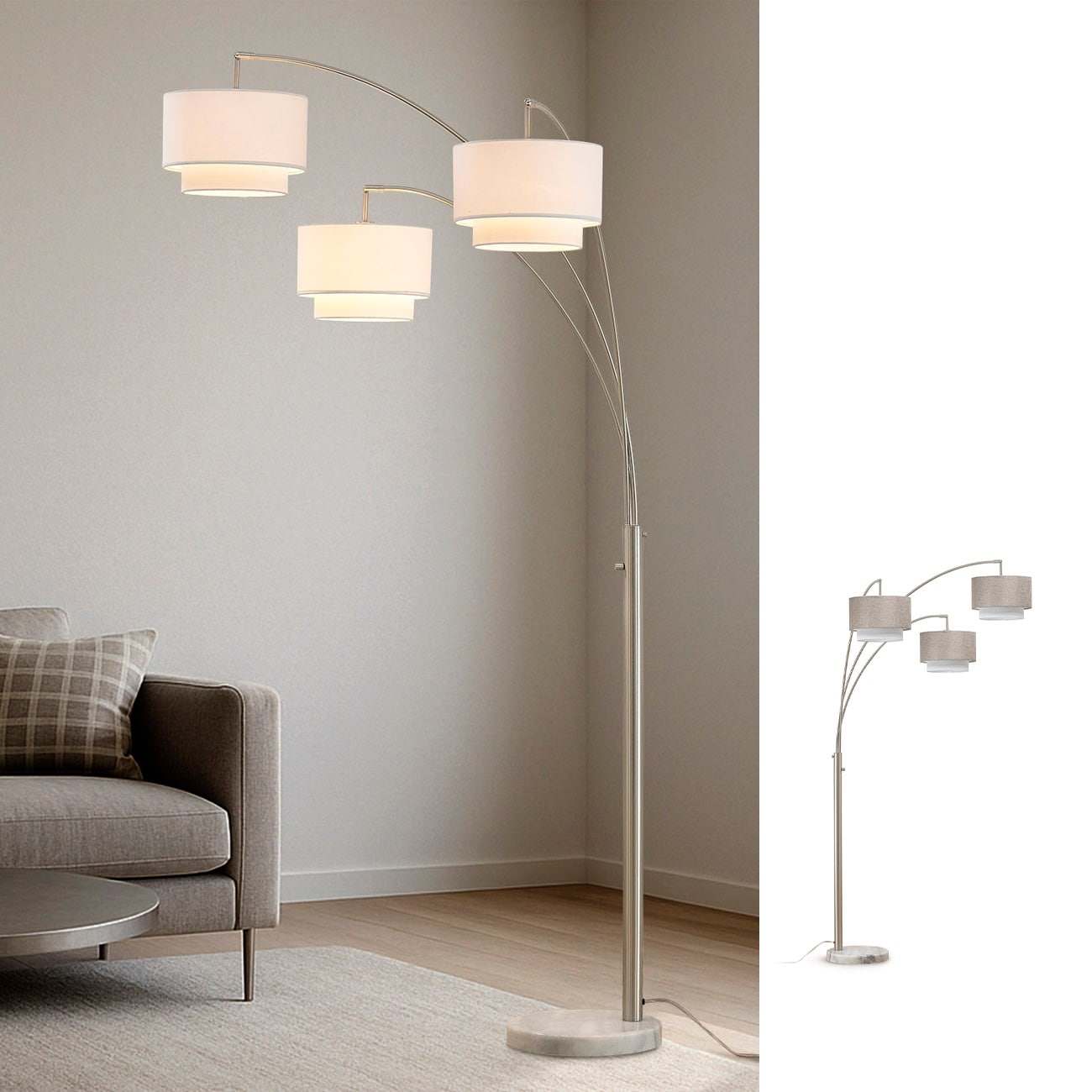 Broadway 3 Light Arch Floor Lamp, Brushed Nickel Finish with White Shades -  On Sale - Bed Bath \u0026 Beyond - 23449067, image size:1300x1300