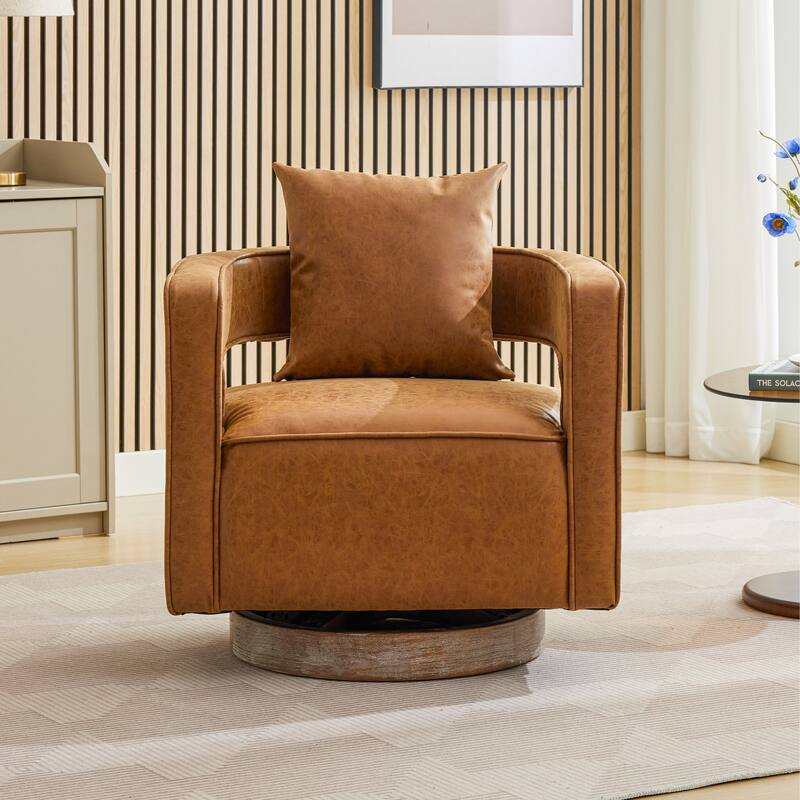 Modern Swivel Chair,PU leather Barrel Chair with Wooden Base and pillow