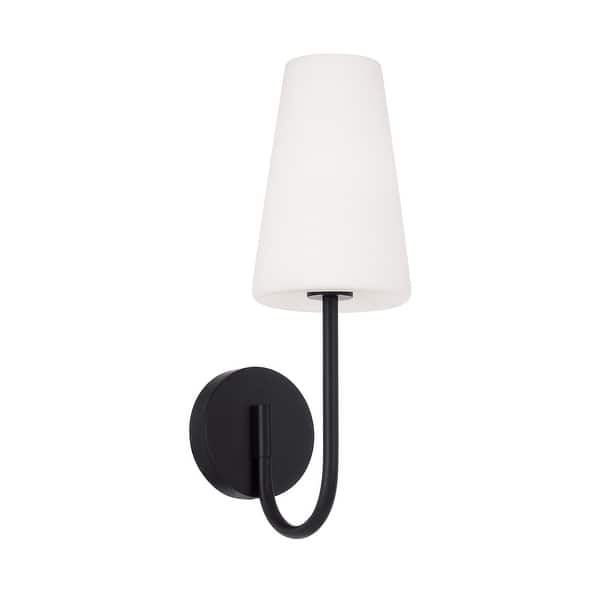 slide 2 of 5, 5.75" W x 17.25" H 1-Light Armed Sconce with Tapered Soft White Glass - 5.75"W x 17.25"H x 8.25"E Matte Black