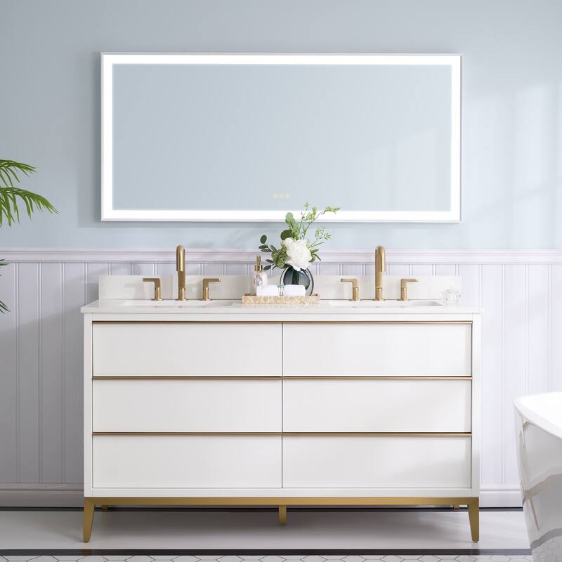 36"/48"/60" W Width Solid Wood Bathroom Vanity with Stain-resistant Carrera White Quartz Top and Sink - 60''Wx35''H - White
