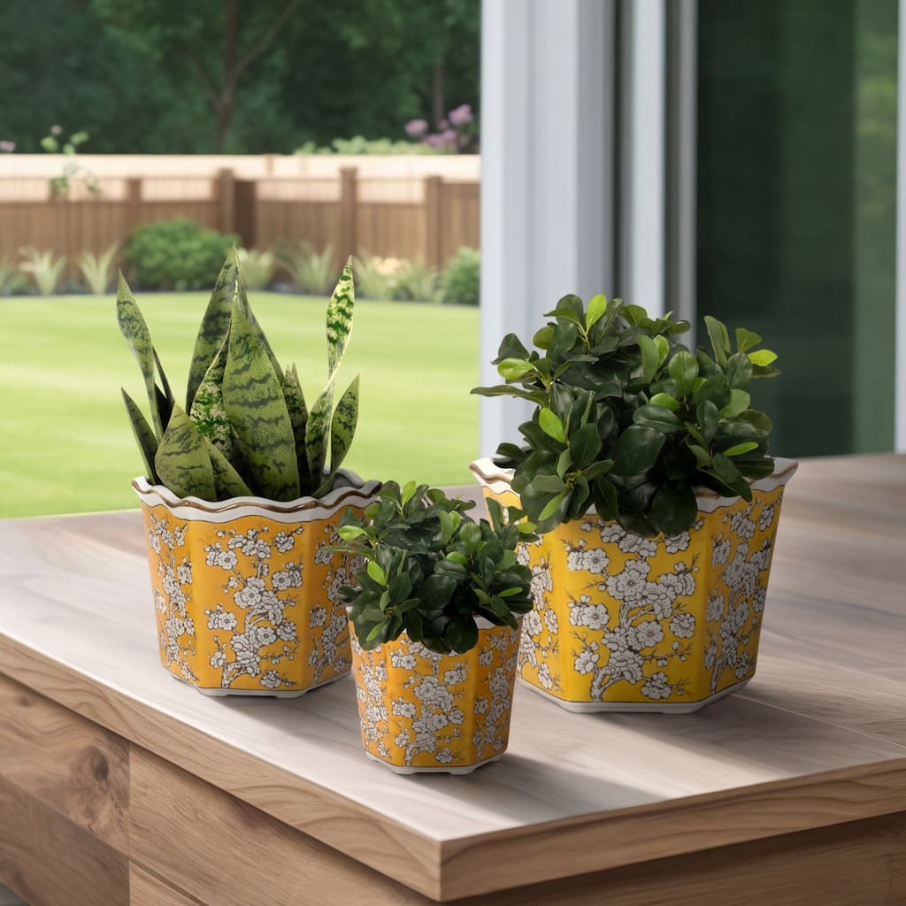 Ceramic Planters Intricate Detailing Durable Handmade (Set of 3) - 12" x 11" x 9"