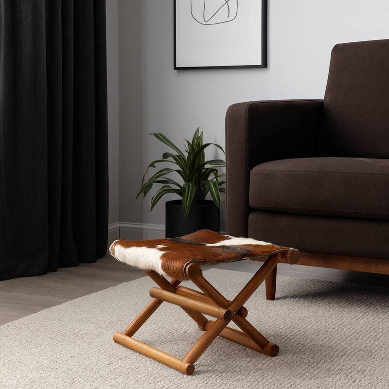 Foldable Backless Cowhide Storage Stool with Solid Wood Frame