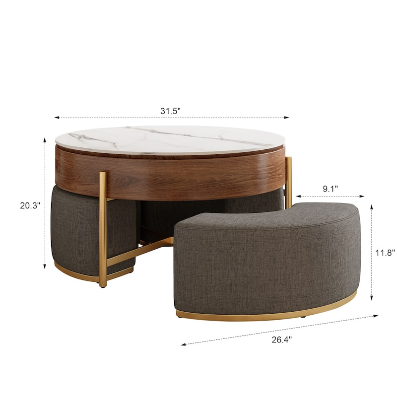 GDFStudio - Contemporary 31.5" Round Lift-Top Coffee Table with Hidden Storage & 3 Upholstered Nesting Ottomans