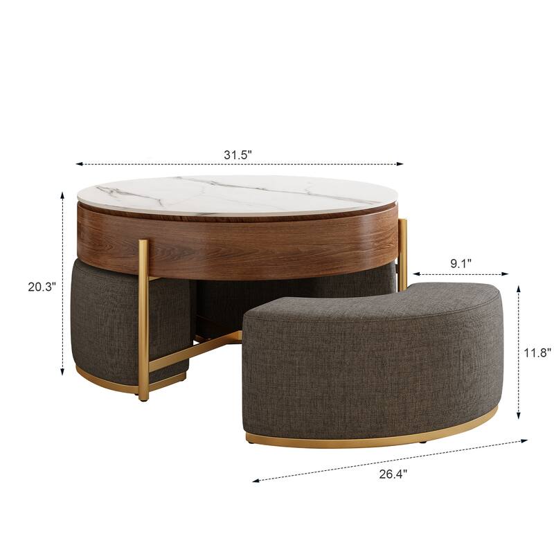 Modern Lift-Top Round Coffee Table With Hidden Storage,Walnut Veneer & Sintered Stone Top,3 Upholstered Nesting Ottomans