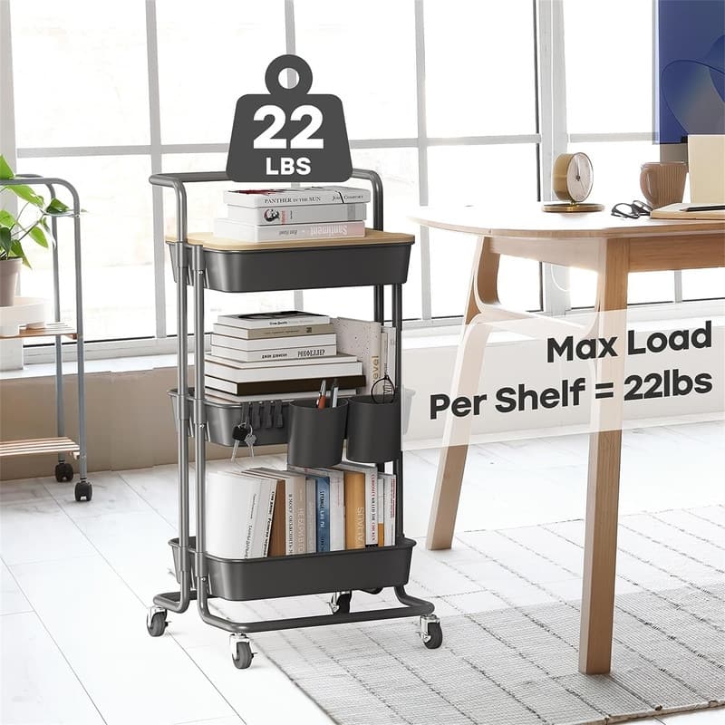 3 Tier Utility Rolling Cart - 15.6"D x 16.5"W x 35.4"H