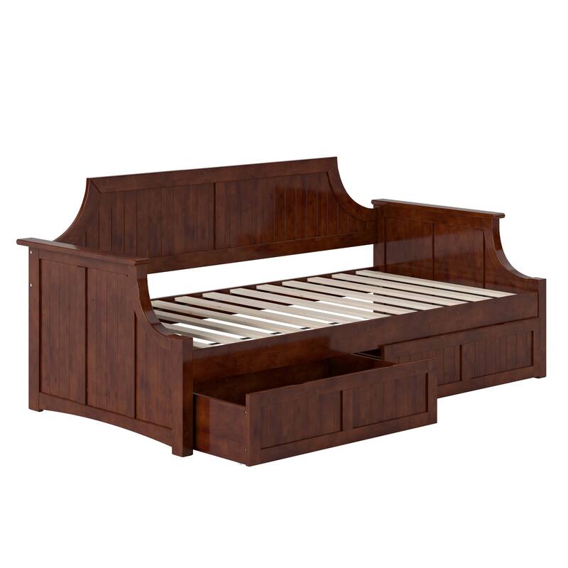 Twin Daybed with Drawers - Walnut Wood Frame, Curved Back, Underbed Storage