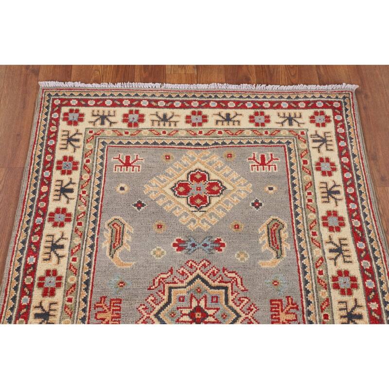 Gray Geometric Kazak Accent Rug Hand-Knotted Wool Carpet - 2'8" x 4'1"