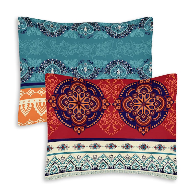 Sweet Jojo Designs Boho Chic Mandala Pillow Shams 2 Pack Set - Red Blue Orange Bohemian Colorful Vintage Retro Patterned Tribal